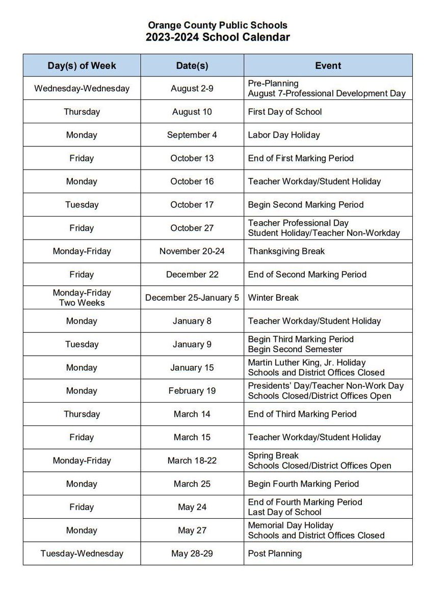 Hey OCPS families! In case you missed it, here is our 2023-2024 school calendar. The first day of school is Aug. 10. 

You can also find the prioritized severe weather make-up days on our website: bit.ly/OCPSCalendars