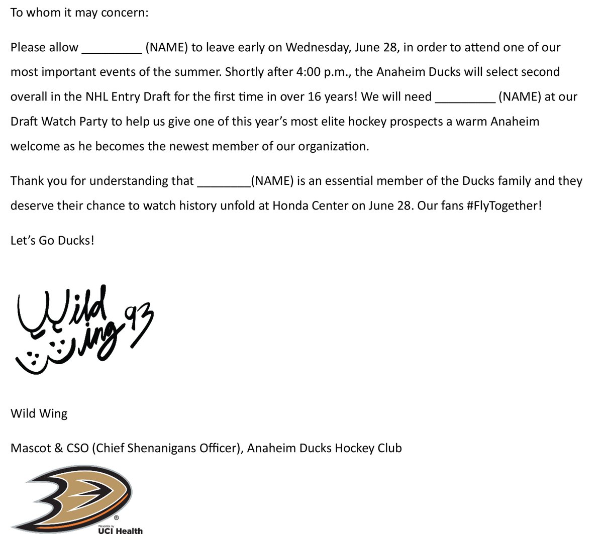 WildWingANA's tweet photo. Take off work early today, because I said so! 

#FlyTogether | #NHLDraft https://t.co/eXAnrgZOT9
