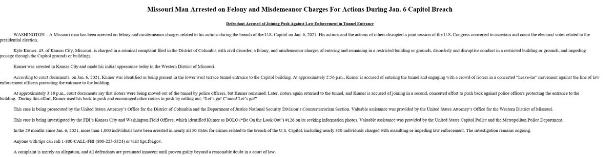 ANOTHER

There's been a new wave of arrests in the Jan 6 US Capitol lower west entrance 'heave-ho' against police 

Justice Dept has just announced arrest of Kyle Kumer of Missouri

=====>