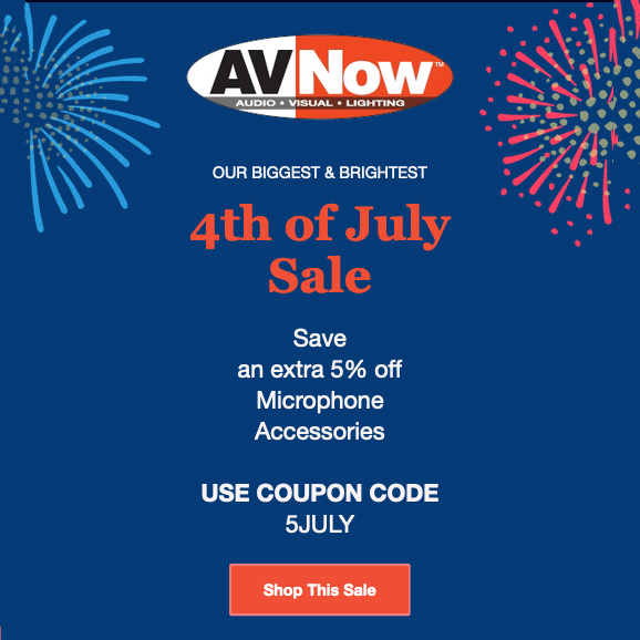 🎆OUR BIGGEST & BRIGHTEST 4th of July Sale 🥳Save an extra 5% off Microphone Accessories
🇺🇸USE COUPON CODE: 5JULY
avnow.com/july-sale 
#sale #onlineshopping #OnlineSale #4thofJuly #IndependenceDay #july4th #fitness #fitnessinstructor #FitnessMotivation #instructor #gym