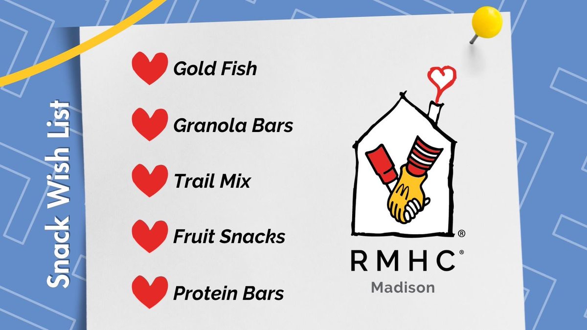 ZachZei11's tweet photo. SNACKS! 🍪 🍿 🍫 🍎 We all love them and the @rmhcmadisonwi needs them. All through the month of July, #gored4ronald and “fill the bin” with snacks for families headed to the hospital. Let’s help support families at the RMHC-Madison, #badgers!
@VarsityCltv https://t.co/32oFrM4sA6