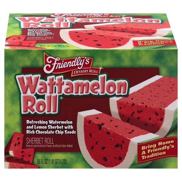 Snack_Memories's tweet photo. Friendly's Wattamelon Roll (1985-2021): Watermelon and lemon sherbet, shaped to look like a halved watermelon, with chocolate chip "seeds." In 2021, Friendly's announced they would be ceasing production on ALL frozen dessert rolls, including this iconic summertime treat https://t.co/gh0lOs5q1U