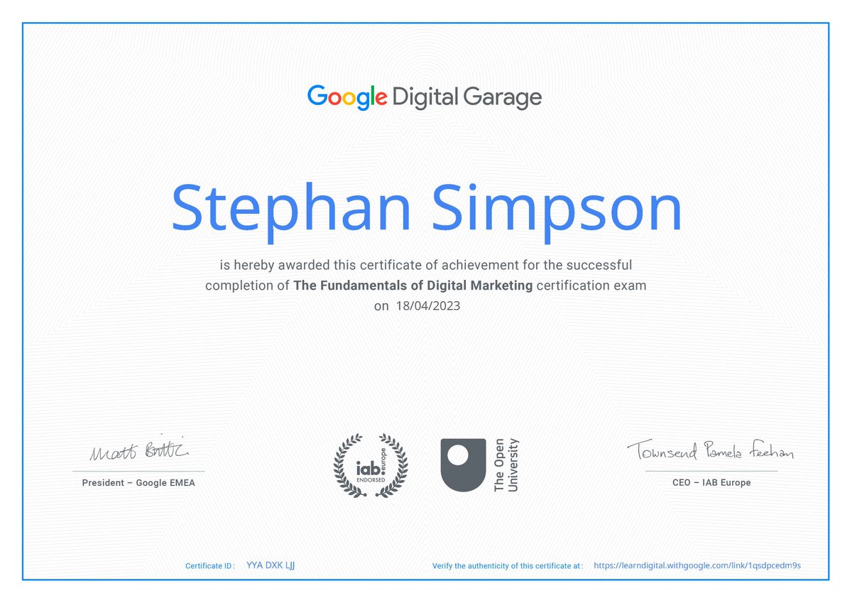 StephanSimpson6's tweet photo. Soo Proud......... Thanks @Google  for this Digital Marketing Certificate. https://t.co/ErZtgGmfyo