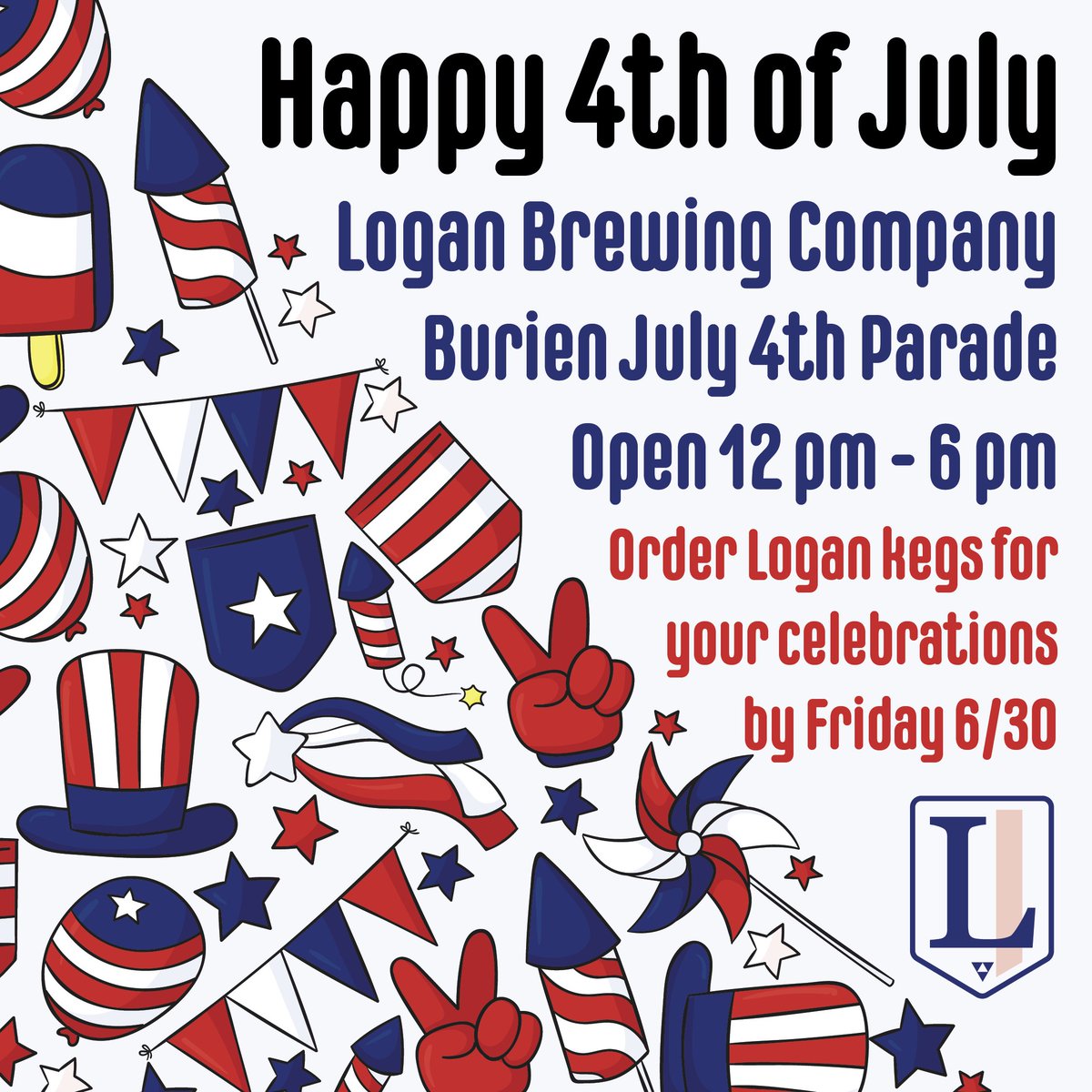 The 4th of July is almost here 🎇 and we will be open holiday hours 12pm - 6pm! Join us on our patio for the Burien Independence Day Parade 🇺🇲 which will pass by the brewery! The parade 🦅 starts at 3 pm so get here early if you want a spot in our beer garden. 🌳 

#loganbrewing