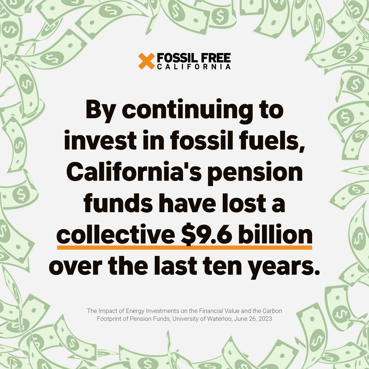 🔔 NEW: Our state pension funds, CalSTRS + CalPERS, have lost $9.6 billion dollars over the last ten years. Why? Because they’ve failed to divest from fossil fuels.

Get the report: fossilfreeca.org/pension-losses
Email your Assemblymember: fossilfreeca.org/email

#SB252 #Divest