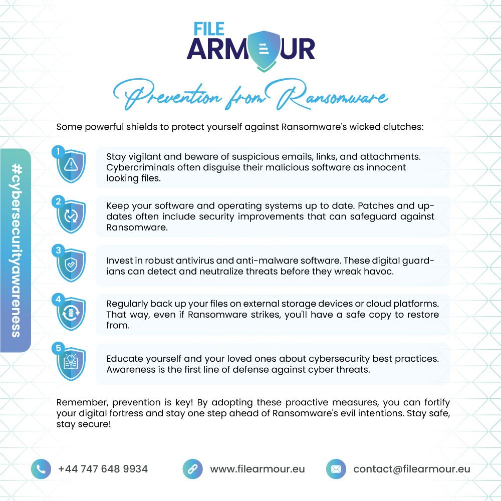 FileArmour's tweet photo. Prevention from Ransomware:

Here are some powerful shields to protect yourself against Ransomware's wicked clutches.
#filearmour #RansomwareAwareness #ProtectYourFiles #CybersecurityTips #StaySafeOnline #DigitalFortress #BackupYourFiles #StayVigilant #CyberThreats #NoMoreRansom https://t.co/P9OYuVhL4q