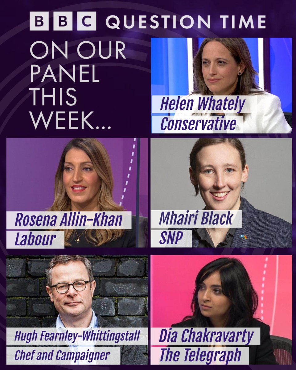 On Question Time tomorrow, Fiona will be joined by Helen Whately, Rosena Allin-Khan, Mhairi Black, Hugh Fearnley-Whittingstall and Dia Chakravarty

Join us and an audience from Exeter at 8pm on @BBCiPlayer or on @BBCOne after the 10 o'clock news

#bbcqt bit.ly/3Xk0OSC