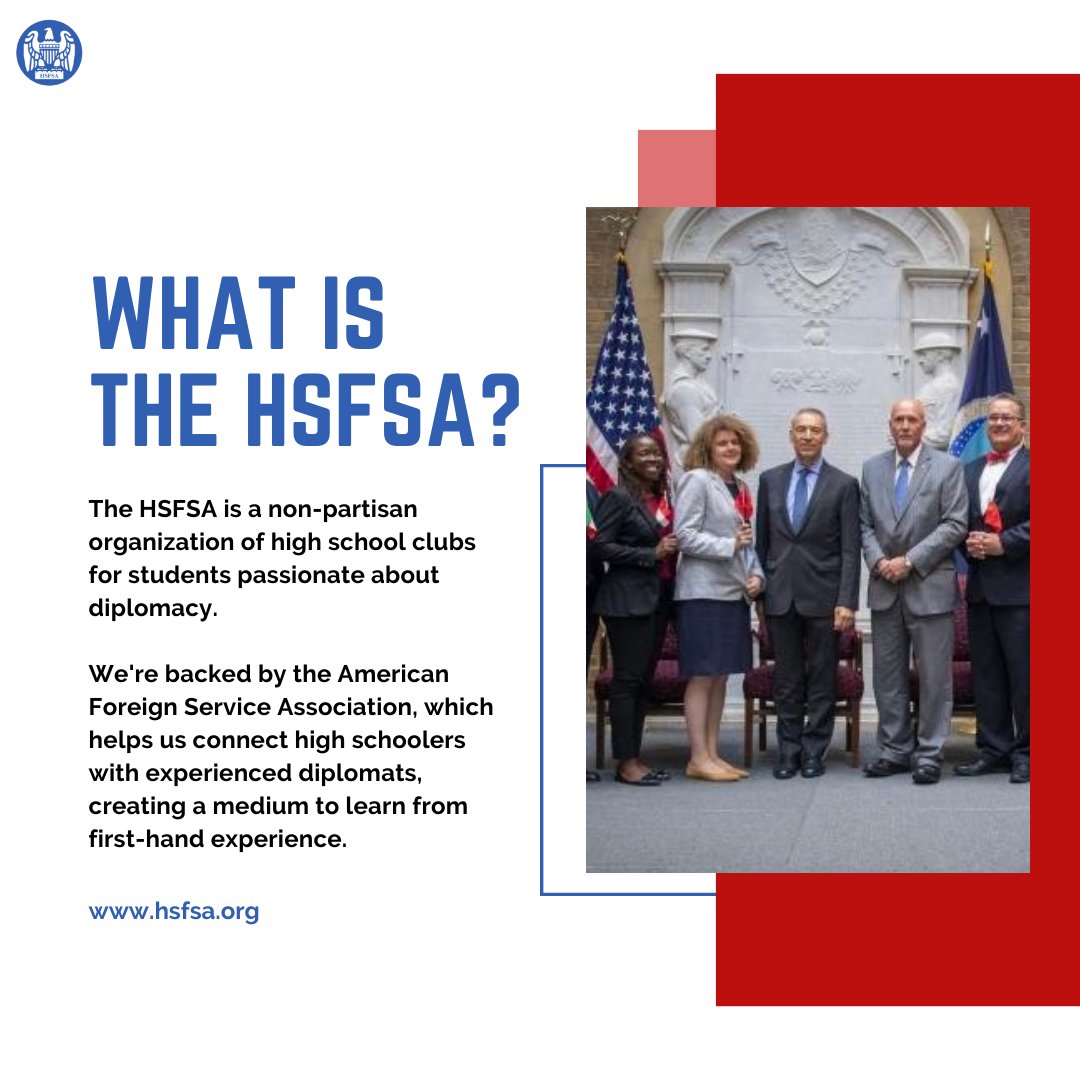 hsfsatoday's tweet photo. 🌍💼 Ignite Your Passion for Diplomacy! Join the HSFSA and unlock a world of opportunities.🤝🔥 Network with 50+ chapters nationwide, connect with experienced diplomats, exchange ideas, and shape the future of American diplomacy! 🌟🎓 #HSFSA #YouthDiplomats #FutureLeaders https://t.co/01MfdGelUl