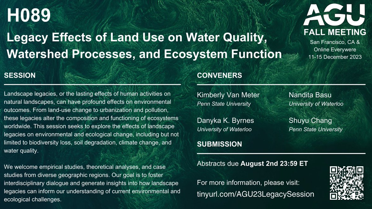 📣 Legacy session is back for #AGU23. Submit an abstract to H089!

Convened by @VanmeterKVM @nanditabasu2 @shuyo5 and myself.

@theAGU @AGU_WaterQuality @Hydrology_AGU @AGUbiogeo @AGU_GWHydro @AGUCatchHydro  @EGU_HS @AGUGlobalChange