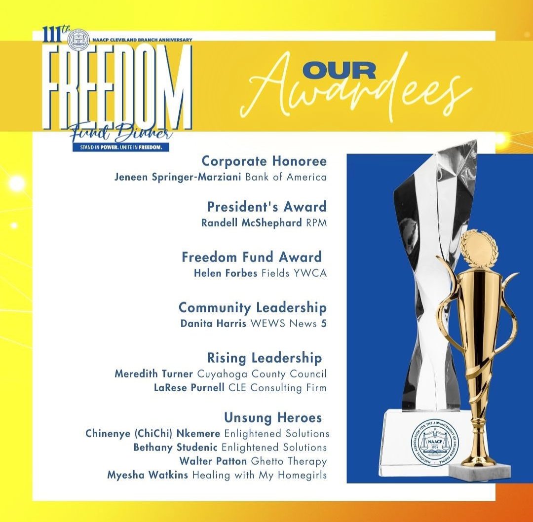 Thank you @NaacpCleveland for the 'Unsung Heroes' Award! Excited to join the outstanding awardees at the 111th Anniversary Freedom Fund Dinner!

Join us Sat. July 15 at @Browns_Stadium for a spectacular evening ✨

Tickets: eventbrite.com/e/111th-annive…

#NAACP #BlackWomen #Cleveland