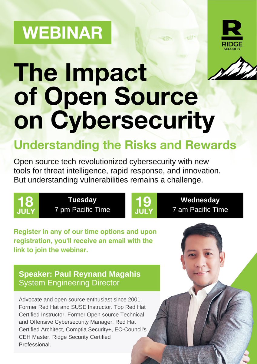 Are you curious about how #OpenSource technology revolutionized cybersecurity and what are the associated risks?  Register to our upcoming #webinar:

July 18th 7 pm - Pacific Time: us02web.zoom.us/webinar/regist…

July 19th 7 am - Pacific Time:
us02web.zoom.us/webinar/regist…

#cybersecurity