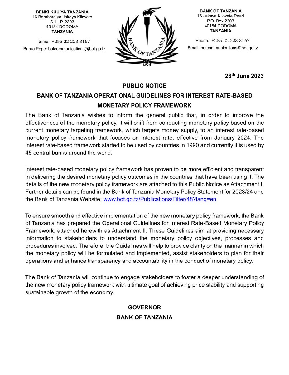 BankOfTanzania's tweet image. PUBLIC NOTICE: BANK OF TANZANIA OPERATIONAL GUIDELINES FOR INTEREST RATE-BASED MONETARY POLICY FRAMEWORK
bot.go.tz/Adverts/PressR…