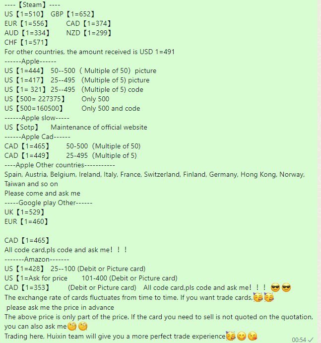 Giftcardmtmt's tweet photo. @shrek02300 @xiao31492664788 Hello, I am Nannan, a customer service member of huixin team. I am a gift card buyer from Hong Kong.  
I found your phone number from the gift card database in Nigeria and added it because I thought you were honest.
😘😘This is today rate！！！😘😘 https://t.co/lu7mVsmt0X