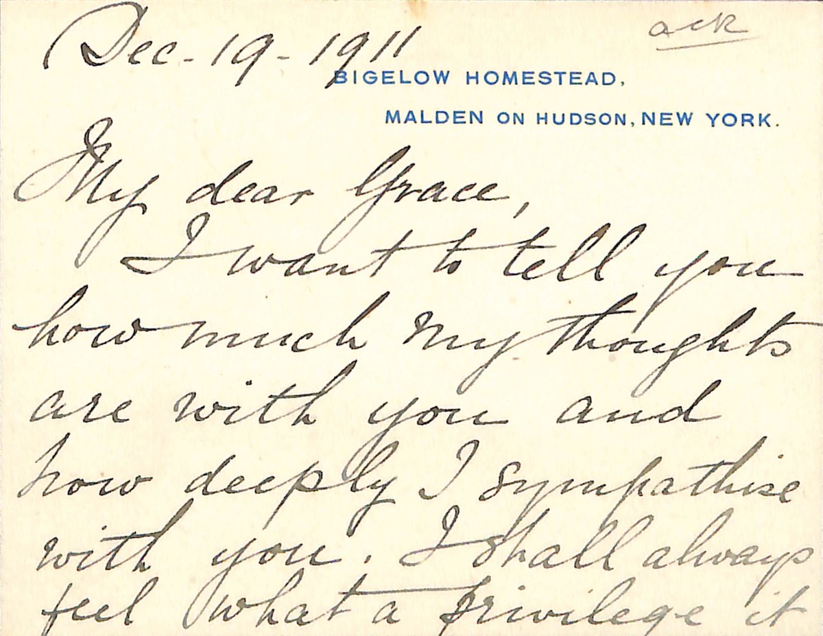 BigelowPapers's tweet photo. December 19, 1911- A letter from Lilian Bigelow to Grace Bigelow giving condolences on account of her father's passing. At 8:00 in the morning on December 19, 1911, John Bigelow passed away at the age of 94. https://t.co/Wx2letBjU3