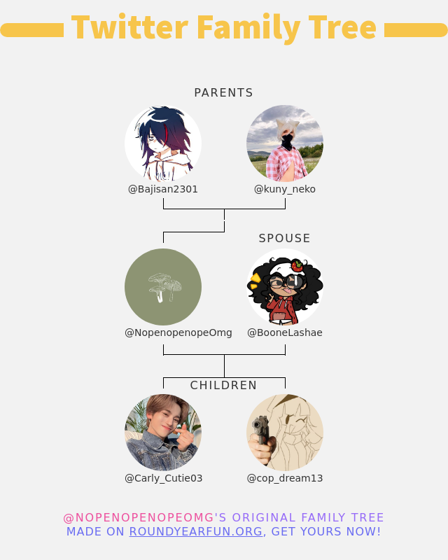 NopenopenopeOmg's tweet photo. 👨‍👩‍👧‍👦 My Twitter Family:
👫 Parents: @Bajisan2301 @kuny_neko
👰 Spouse: @BooneLashae
👶 Children: @Carly_Cutie03 @cop_dream13

➡️ https://t.co/7Wp32kz7yu https://t.co/MIOxlbyTSp