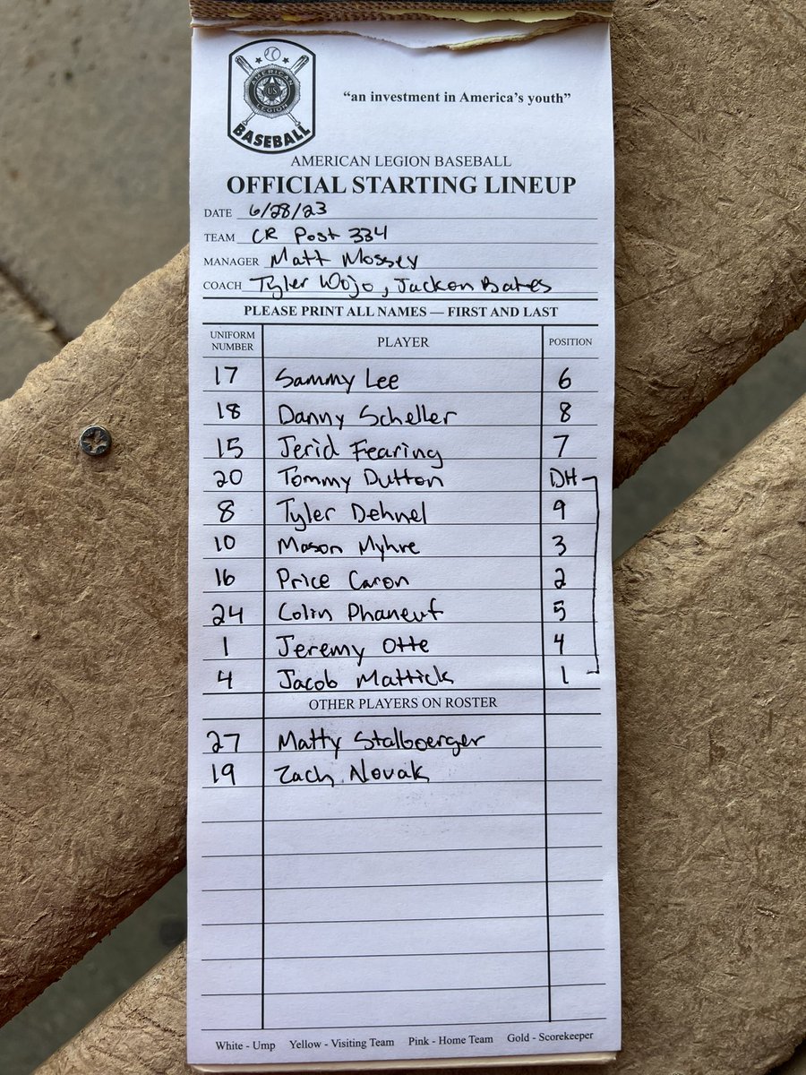 Post334Baseball's tweet image. Post 334 starting lineup vs Anoka. @jacobmattick8 on the mound. #mattless #ctn