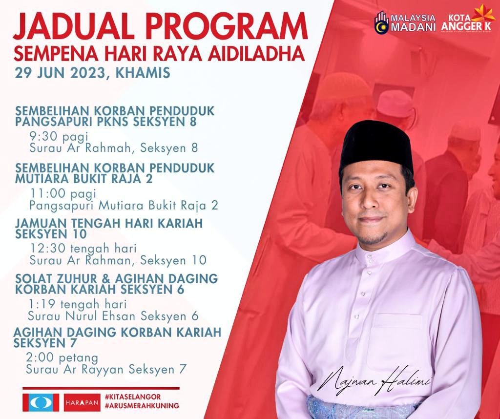 NajwanHalimi's tweet photo. Selamat menyambut Hari Raya Aidiladha kepada semua umat Islam. 

Semoga Allah SWT menerima segala amalan kita.

Insya-Allah, pada hari ini saya akan turun menyantuni program sembelihan korban sempena Aidiladha di beberapa surau di sekitar Shah Alam. https://t.co/xeemFyM07X