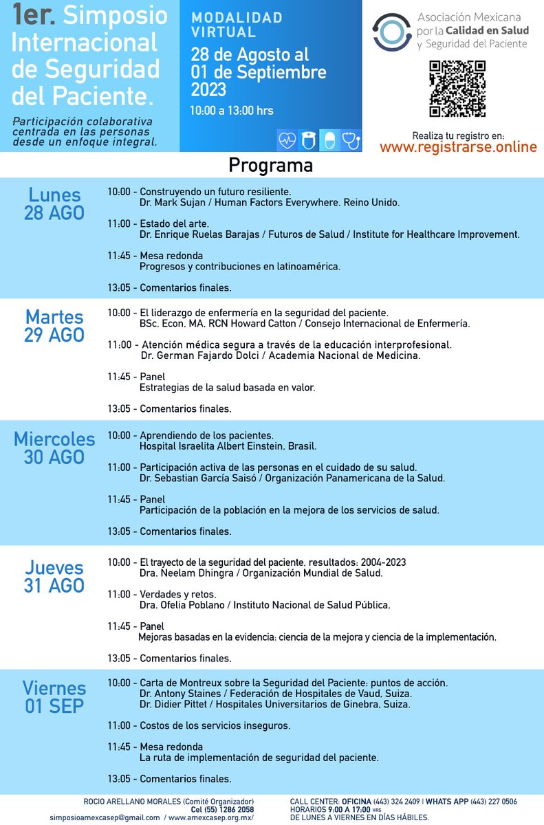 amexcasep's tweet photo. ¡ Te invitamos a participar en el Primer Simposio Internacional de Seguridad del Paciente!
🗓️28 de agosto al 01 de septiembre, 2023
🌐 Modalidad en linea
🖋️ Registro: https://t.co/cH36LK7Htu https://t.co/SSWl04Zm9x