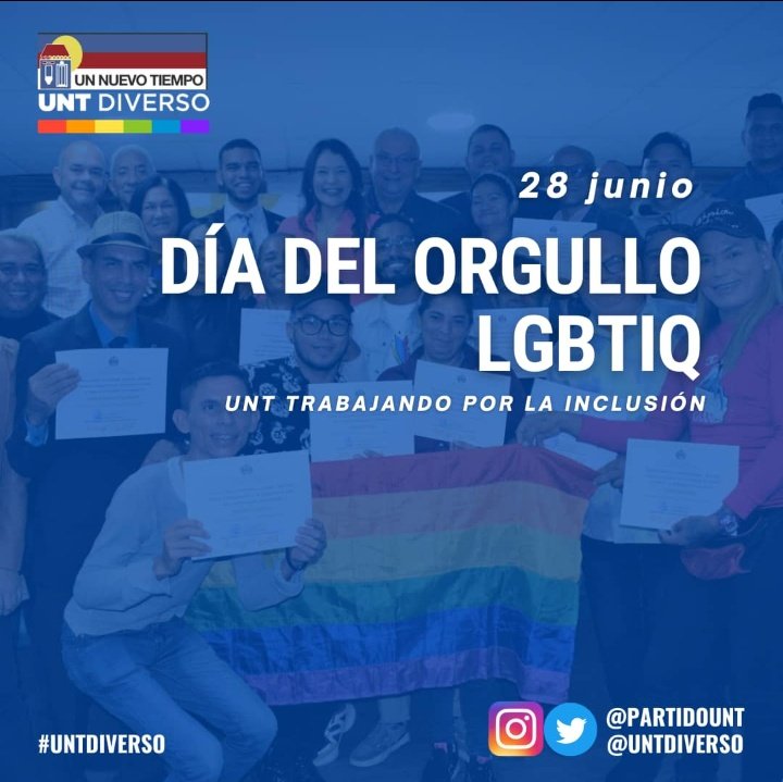 #28Junio Día Mundial del #OrgulloLGBTIQ reivindicamos la lucha por el derecho de todas las personas a vivir en libertad y justicia. Desde @untdiverso seguimos el compromiso de promover la participación política de las personas LGBTIQ en Venezuela.
#UNTDIVERSO