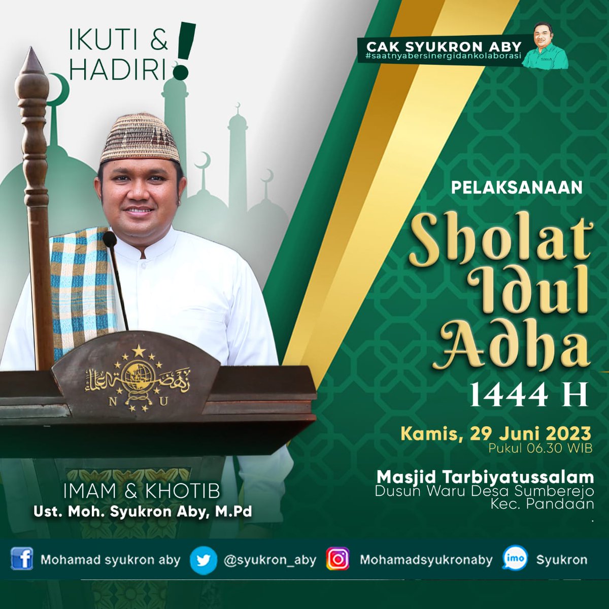 syukron_aby's tweet photo. Selamat  Hari Raya Idul Adha  1444 H

Mari kita jadikan momentum idul adha ini, sebagai spirit baru untuk meneladani  keteguhan Nabi Ibrahim AS dan Nabi Ismail AS  sebagai bekal dalam meraih cita-cita dan masa depan dengan berbagi dan peduli kepada sesama. https://t.co/xo4ZTx0fia
