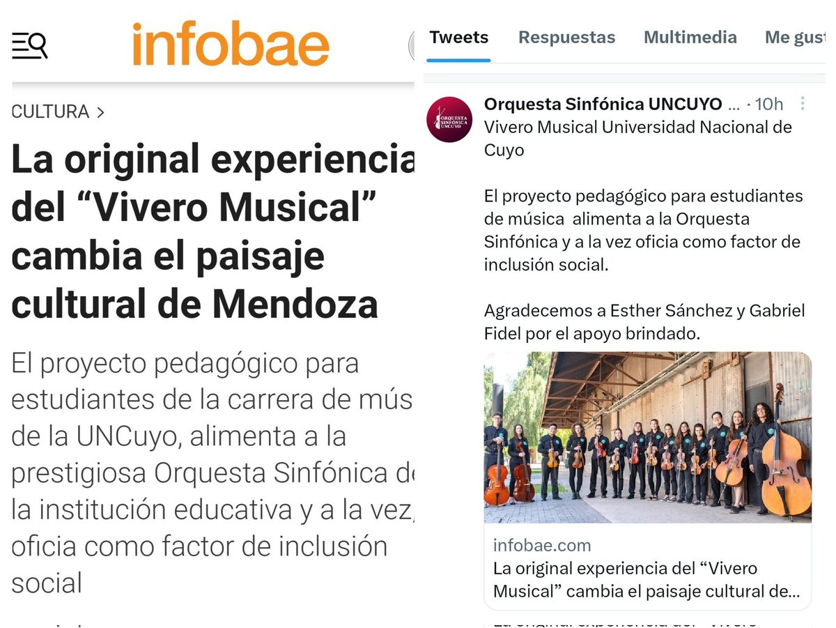 DeniseTelli's tweet photo. Gracias @infobae @WGazzo excelente nota sobre el
💐🎻 ViveroMusical UNCuyo @OrquestaUNCuyo @SEU_UNCUYO @UNCUYO https://t.co/SJ5JHh6DBc