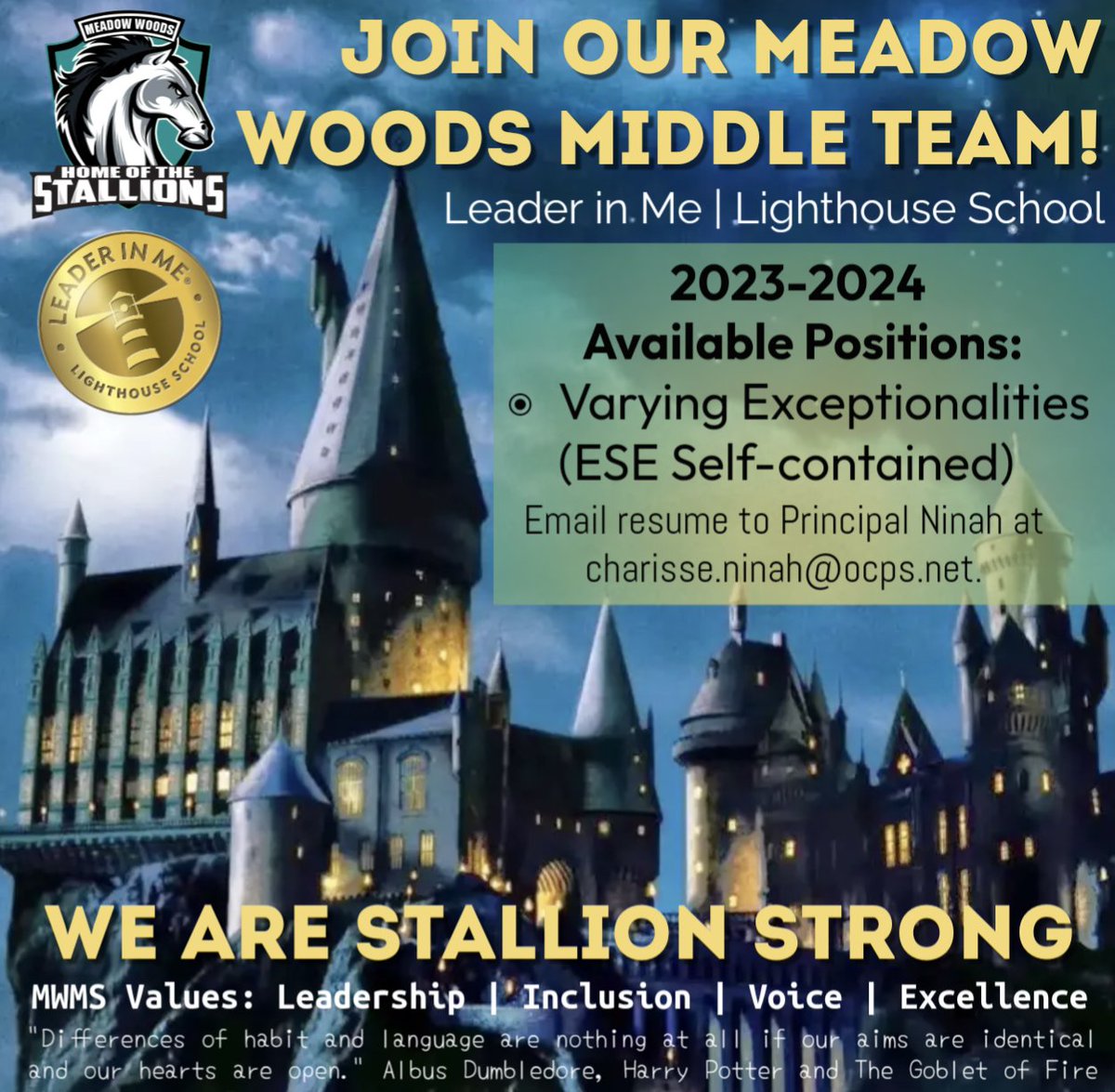 Did you hear the MAGICal news?! Our ESE Department is growing and we are in search of TWO exceptional educators who will say YES to our amazing Stallions and who value leadership, inclusion, voice and excellence. Don't delay; apply today! We are Stallion Strong! 🐎💪🪄