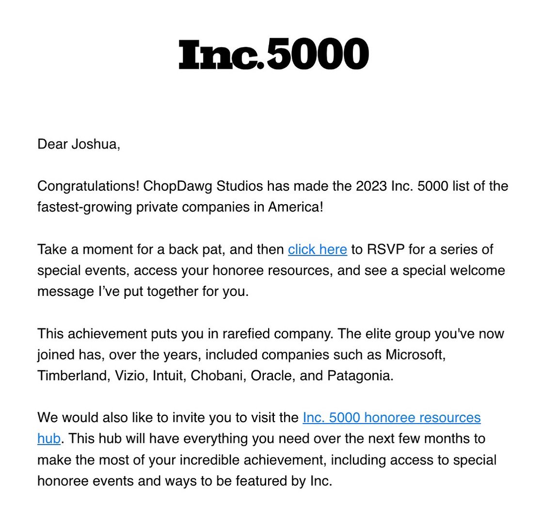 dasjoshua's tweet photo. Hello Friends,

I'm beyond thrilled to share a special piece of news with you all. For the second year in a row, we, the @Chop_Dawg family, have made it to the prestigious Inc. 5000 list of the fastest-growing private companies in America! Yes, we did it again! 🏆🚀

I say 'we' because this is not an individual accomplishment. It's the outcome of the relentless hard work and dedication of our extraordinary team. It's a testament to the trust and dreams of our partners who believed in us to bring their visions to life. Every digital app we've delivered, every victory we've won, and every challenge we've overcome — we've done it together.

"Make It App'n® 🐾" is not just our motto — it's a promise we've kept over 400 times, and counting. Behind this success are the countless hours our team has invested and the courage of our partners who trusted us with their dreams.

In August, we'll discover our rank on the Inc. 5000 list. But regardless of the position, the real victory is in our shared journey — in the trust, collaboration, and the lasting relationships we've built. The true measure of our success lies in the triumphs of our partners and the dreams we've helped come to life.

This achievement is a tribute to you all — our incredible team and partners. So here's to you, and to us. Here's to another year of making dreams App'n and to many more years of creating, innovating, and winning, together. 🥂🎉

#Inc5000 #MakeItAppn #ChopDawg #Growth #Success #Teamwork #Partnership #Innovation #TechIndustry #AppDevelopment #BusinessGrowth #Entrepreneurship #DigitalTransformation