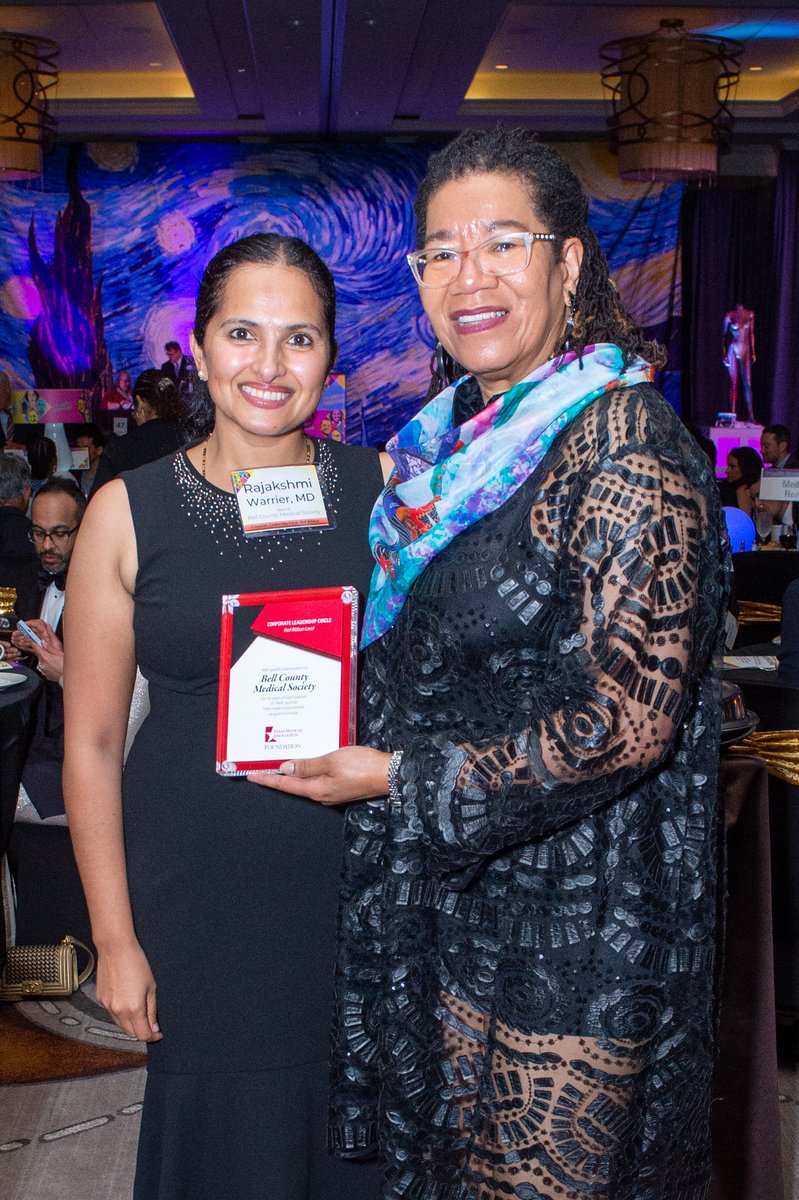 At the Gala last month, TMAF President Carla Ortique, MD thanks Bell County Medical Society for years of support that improves the health of all Texans. Accepting the TMAF Corporate Leadership Circle award is Rajalakshmi Warrier, MD, Bell CMS Board of Censors Member &amp; Delegate.