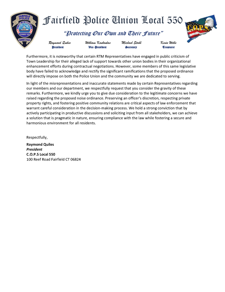 FPDUnion's tweet photo. Fairfield Police Union Addresses Misleading Claims and Advocates for Community Input: An Open Letter to RTM Members Regarding the Proposed Noise Ordinance https://t.co/iIteVFKkzD