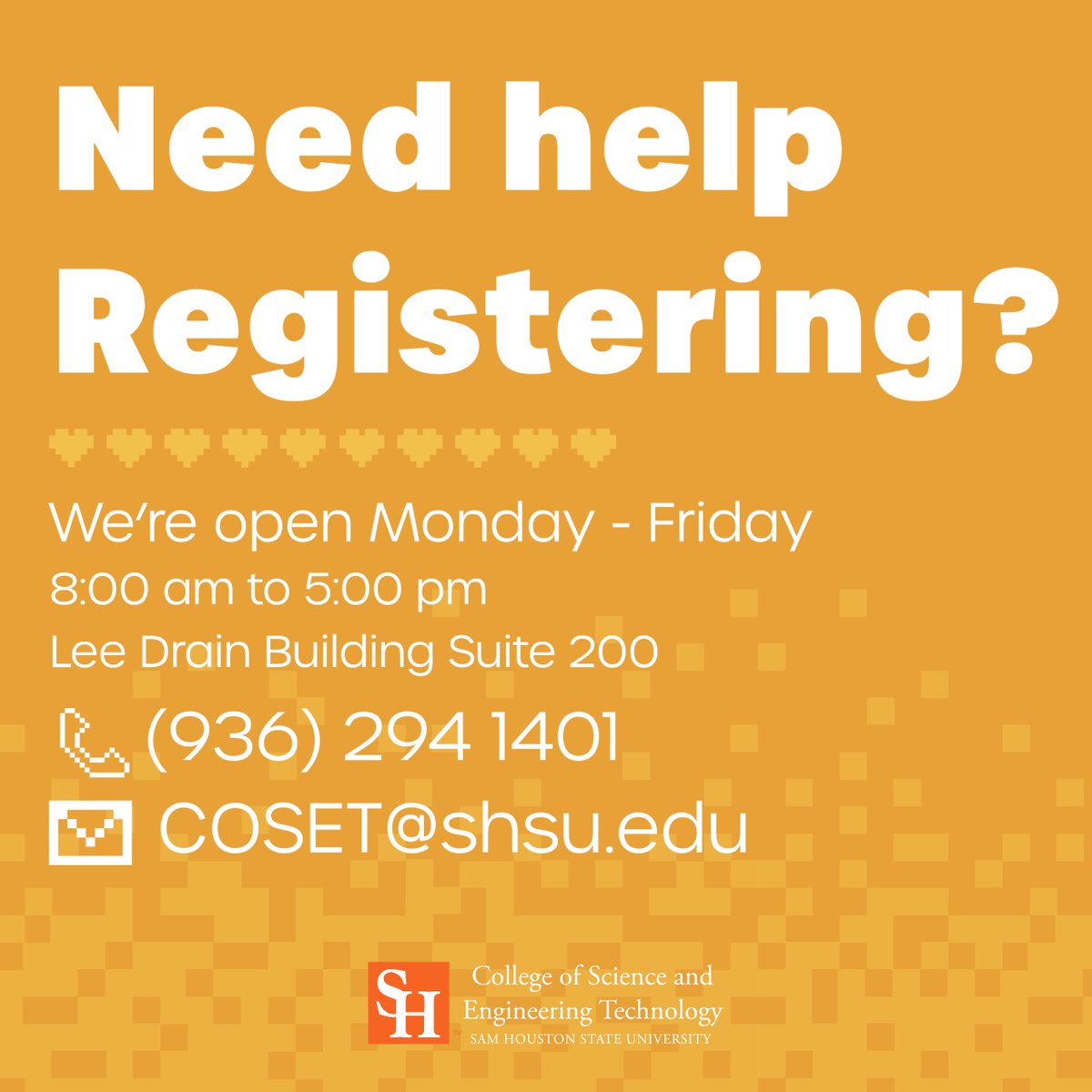 We're here to help!

#shsu #samhoustonstateuniversity #cosetshsu #shsucoset #shsu23 #shsu24 #shsu25