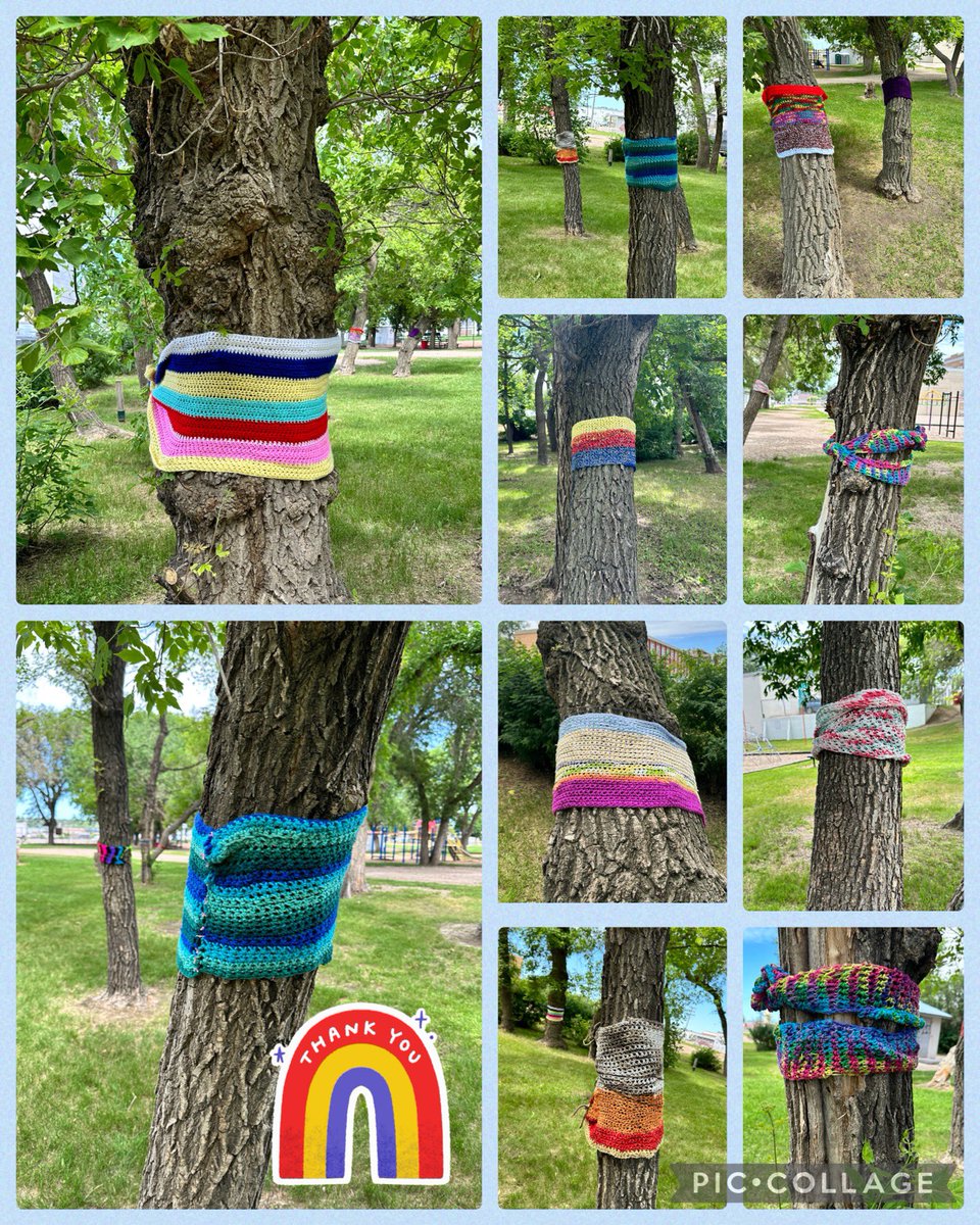Thank you <a href="/RVCIMJ/">Riverview Collegiate</a> Art classes for these beautiful crocheted tree wraps! Such a nice touch to the trees outside Empire school! 🌈