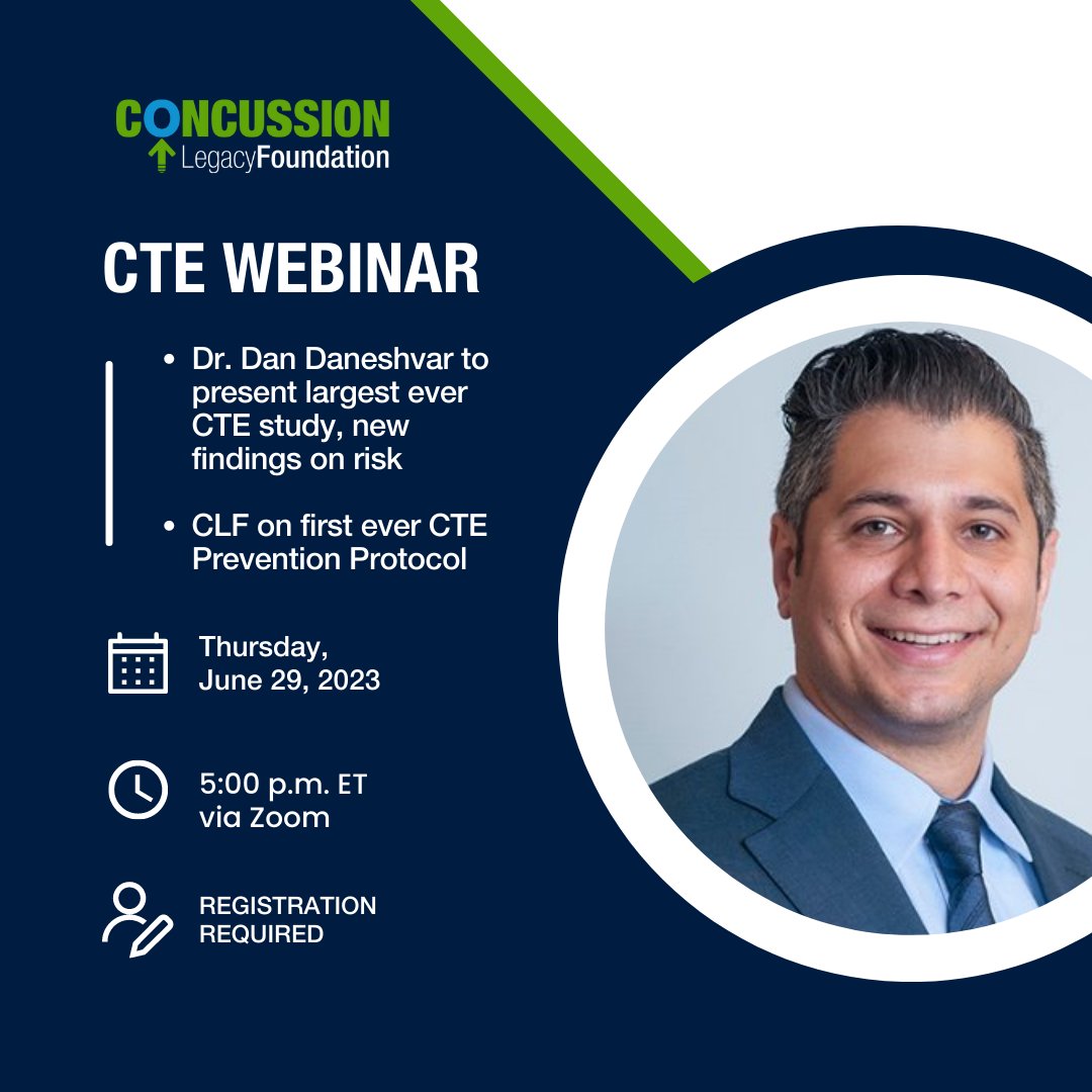 Concussion Legacy Foundation (@concussionlf) on Twitter photo Join us Thursday on Zoom for a research roundup and a breakdown of our new CTE Prevention Protocol!
Dr. <a href="/DanDaneshvar/">Dan Daneshvar, MD, PhD</a> will sum up the largest CTE study to date. Dr. Samantha Bureau follows with how this research informs CTE prevention.
Register here! ⤵️
us02web.zoom.us/webinar/regist… Join us Thursday on Zoom for a research roundup and a breakdown of our new CTE Prevention Protocol!
Dr. <a href="/DanDaneshvar/">Dan Daneshvar, MD, PhD</a> will sum up the largest CTE study to date. Dr. Samantha Bureau follows with how this research informs CTE prevention.
Register here! ⤵️
us02web.zoom.us/webinar/regist…