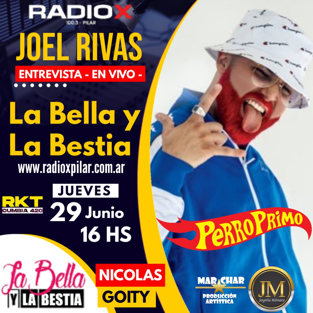 PrensaMarChar's tweet photo. 📣Produce 👇🏻#MarcharProduccionArtistica
#JUEVES #29Junio 👉🏻🕓16 hs
🎧🎙️ #Entrevista y #Musica
🧔 @primorivas_ #PerroPrimo #Cumbia420 🎤🎶
▶️En #LaBellaYLaBestia
👉🏻Con @nicogoity
➡️📻📲💻 @RadioXPilar
#ticketek #AustrianGP #DiadelOrgullo #Pride2023 #GranHermanoChile #Radio https://t.co/D4W9pOFLhM