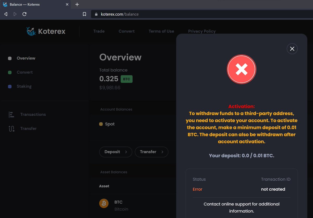 ashu_barot's tweet image. While researching on crypto scams in my free time, recently I found a fake #crypto exchange, 
koterex[.]com 

They accept a coupon code that gives 0.3 BTC (~$10,000), but asks for 0.01 BTC to 'activate the account' to withdraw' !
#CryptoCommunity  #NFTCommunity  #Cryptocurency