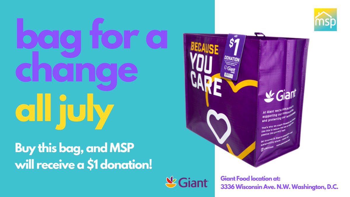 MSP was selected as July's beneficiary at the Giant Food location @ 3336 Wisconsin Ave. NW for the Community Bag Program 💜 For every bag bought for $2.50, MSP will receive a $1 donation 🛍️ When you're out for your next grocery run remember to buy a reusable bag. Happy shopping!