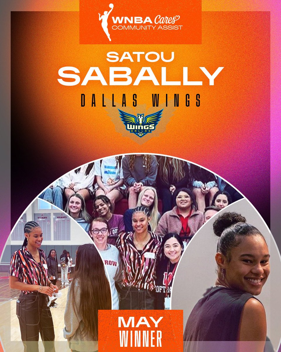 WNBA's tweet photo. Congrats to @DallasWings @satou_sabally for being named the May WNBA Cares Community Assist Award Winner for her efforts in mentoring youth in the Dallas community. 🙌

In recognition, WNBA will make a $5,000 donation to support the Fund the Unicorns Foundation &amp; @juneteenthmsm. https://t.co/LUWdbcRktm