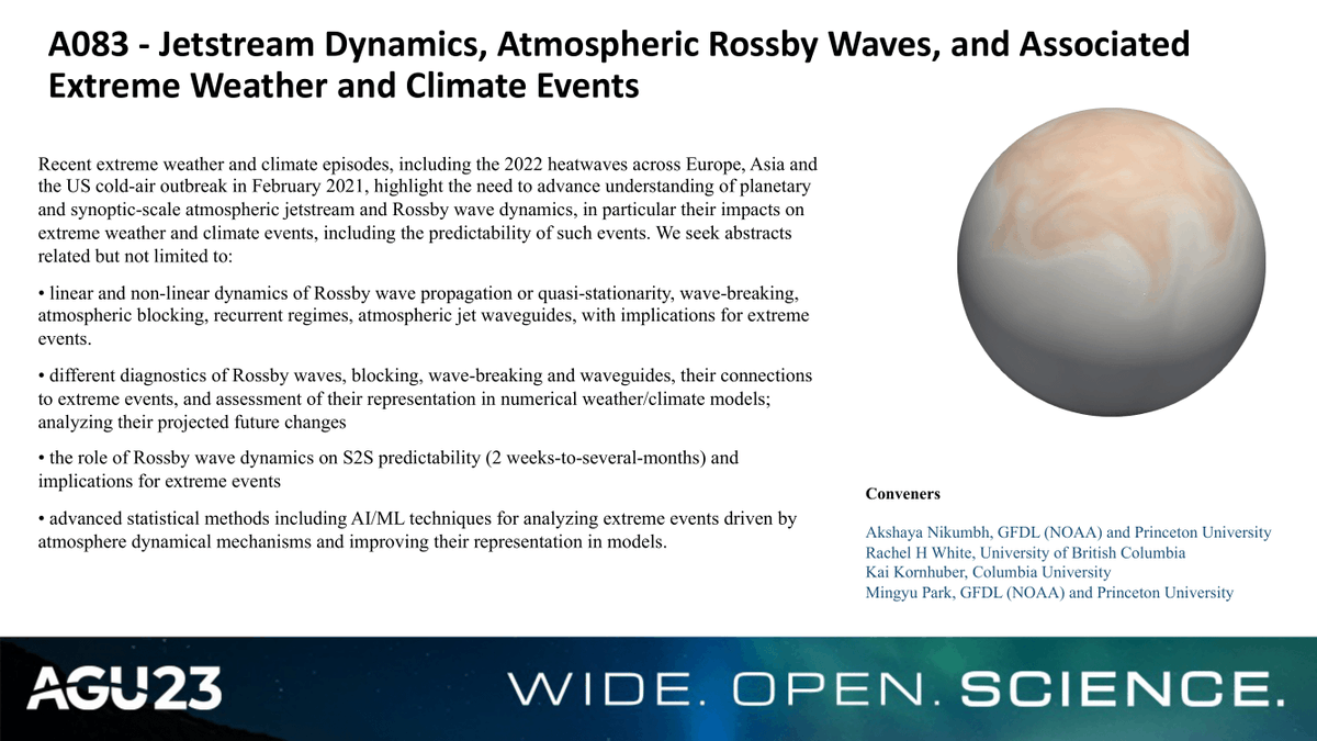 Working on jet stream dynamics and associated extreme events? Consider submitting an abstract to our #AGU23 session “A083 - Jetstream Dynamics, Atmospheric Rossby Waves, and Associated Extreme Weather and Climate Events” 
Session link: agu.confex.com/agu/fm23/preli…