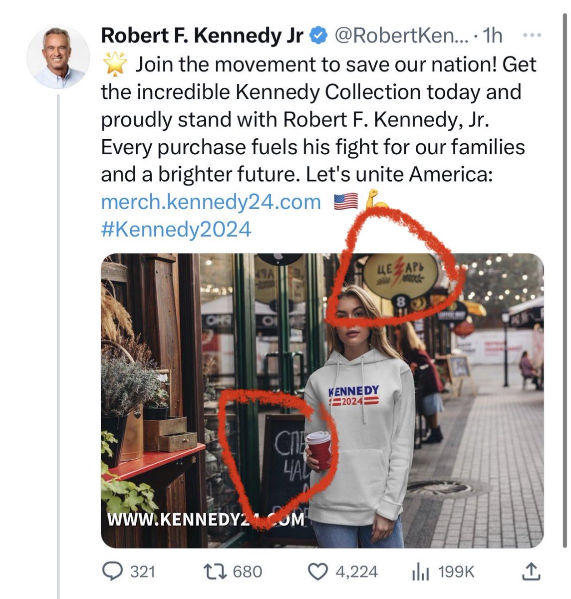 golub's tweet image. Fucking @RobertKennedyJr  is using RUSSIAN stock images for his campaign