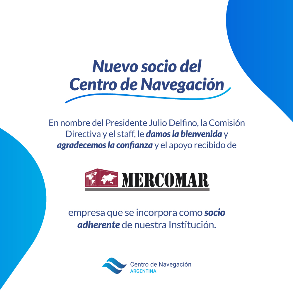 ¡Bienvenido Mercomar  como nuevo socio adherente del Centro de Navegación Argentina!