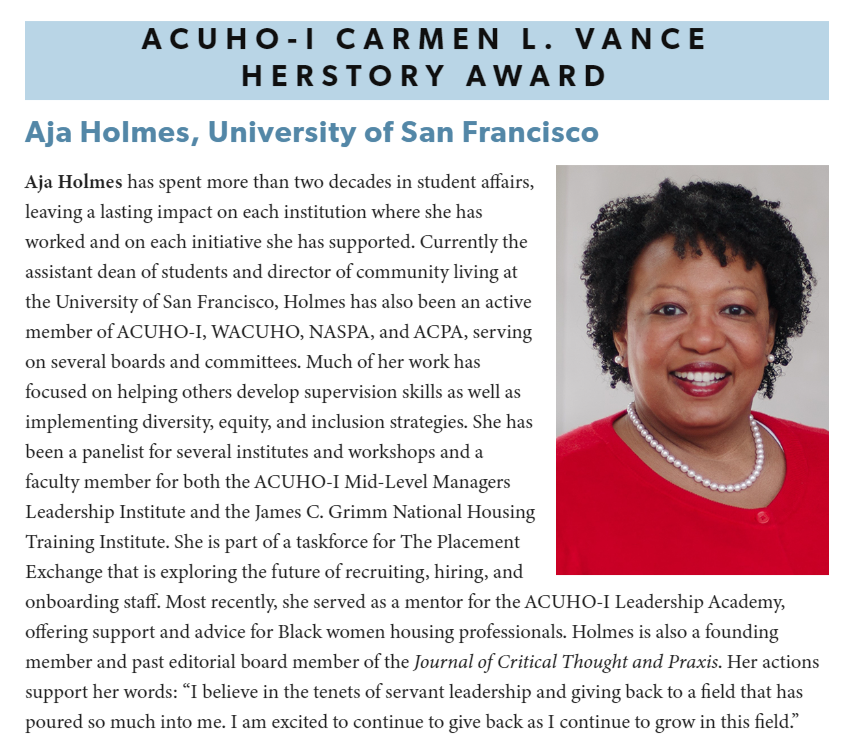 EAF_ISU's tweet photo. Our own @ISUCSPA alum Aja Holmes just nabbed the 2023 Carmen L. Vance Herstory Award from the @ACUHOI. Aja serves as the Asst Dean of Students &amp; Director of Community Living at @usfca 
#BecomeTheNextLeader #LeaderBirds #EdBirds https://t.co/AvqKqVlsYJ