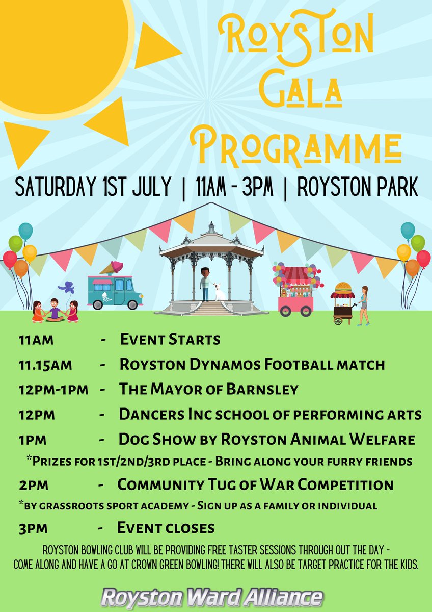 Don't forget happening this Saturday - Royston Gala 11am to 3pm 🥳
Fun for all the family, come along and support local community groups and volunteers in Royston 🌞 
#Royston #Gala #CommunitySpirit #volunteering #lovewhereyoulive