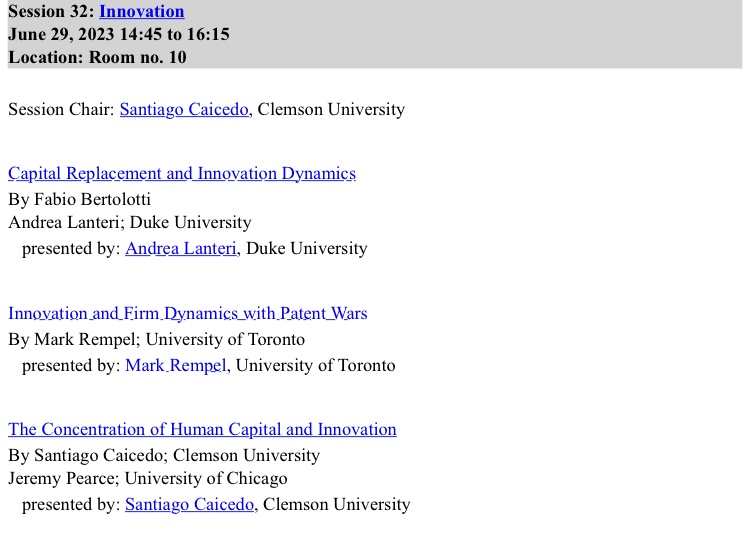 Fabio Bertolotti (@econfaber) on Twitter photo Very excited to be in Cartagena for <a href="/SEDmeeting/">SED Meeting</a>, hearing from great researchers and presenting new work with <a href="/drewkoke/">Andrea Lanteri</a> on “Capital Replacement and Innovation Dynamics” at the Innovation session, June 29 2.45pm room 10! See you there! Very excited to be in Cartagena for <a href="/SEDmeeting/">SED Meeting</a>, hearing from great researchers and presenting new work with <a href="/drewkoke/">Andrea Lanteri</a> on “Capital Replacement and Innovation Dynamics” at the Innovation session, June 29 2.45pm room 10! See you there!