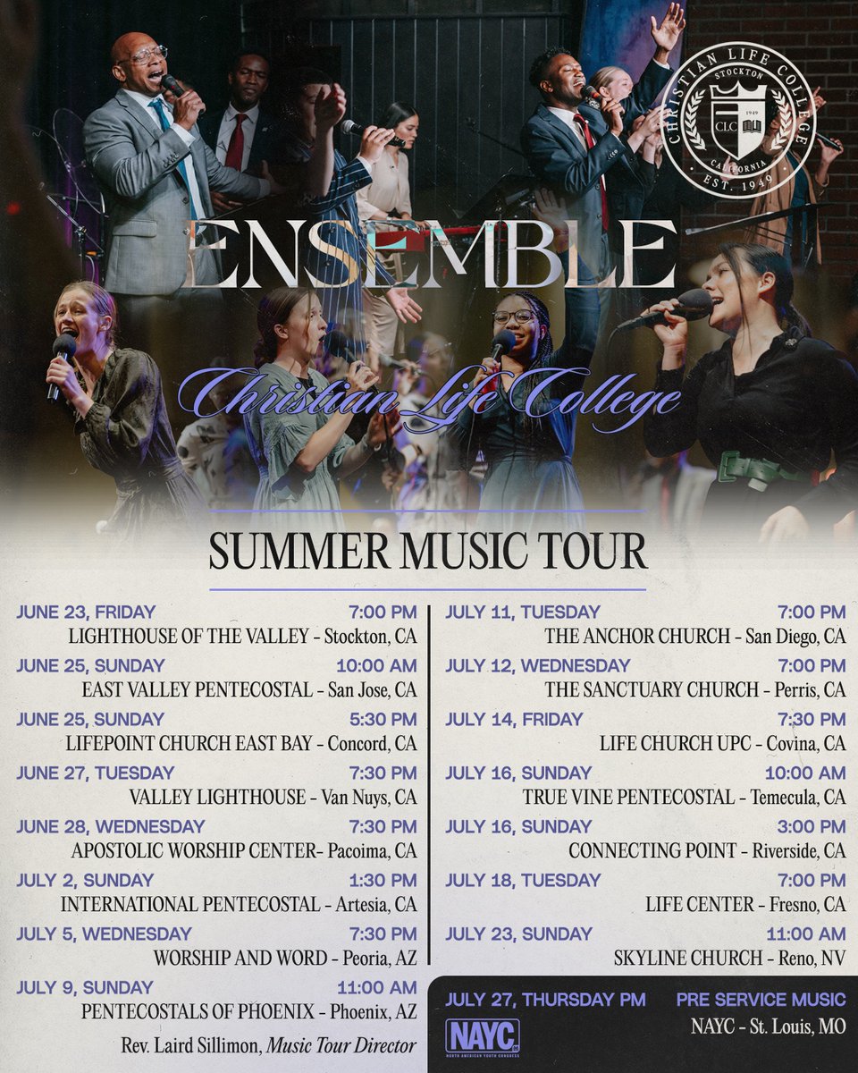 CLCollege49's tweet photo. The CLC Music Tour has begun! An exciting summer of ministry is scheduled and will conclude at Youth Congress. Be sure to follow for all of our tour highlights!

#christianlifecollege #apostolic #pentecostal #upci #biblecollege #christiancollege #accreditedcollege https://t.co/1frliBU9or