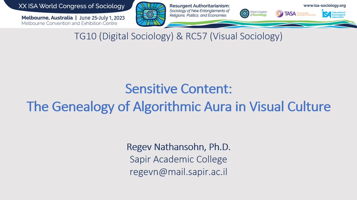A Fantastic panel at ISA in Melbourne, in a joint session of my two favorite groups, Digital Sociology (TG10) and Visual Sociology (RC57). It was a true pleasure to present my paper on the genealogy of algorithmic aura in visual culture.
<a href="/isa_sociology/">ISA</a> @Tg10DigiSoc <a href="/isa_visual/">ISA Visual Sociology - RC57</a>
