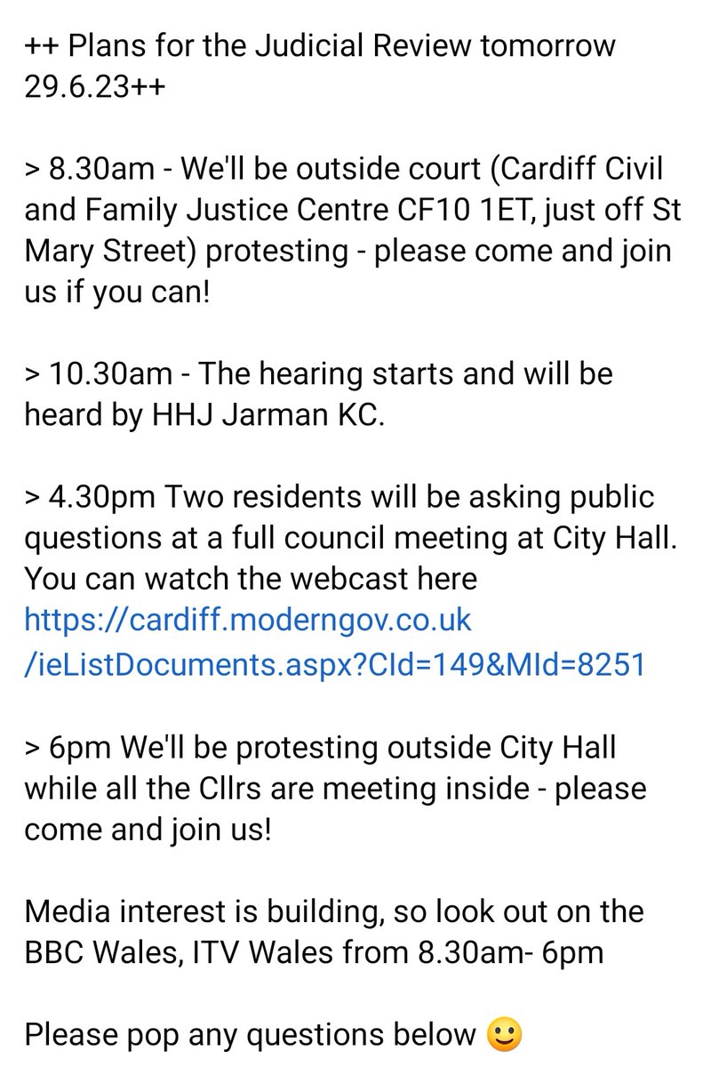 After 18 months of fighting to save Hailey Park from development, the judicial review is just 1 day away! 
Here are the plans for the day - please share widely!...🙂
#savehaileypark 
<a href="/ygcrebelmams/">YGC Rebel Mams</a> <a href="/HaileyPkCardiff/">Friends of Hailey Park | Cyfeillion Parc Hailey</a>