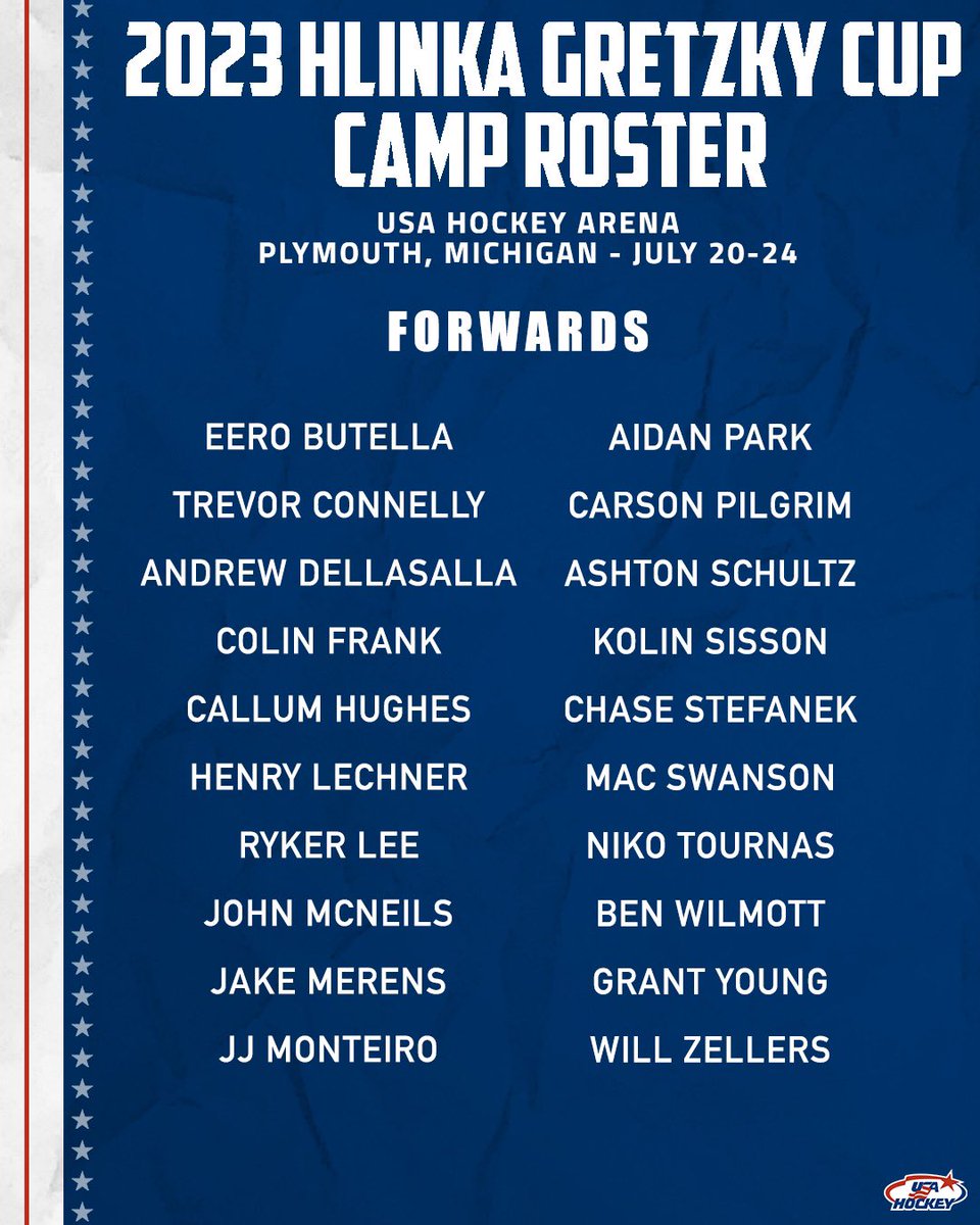 The 38 players that will attend the 2023 USA Hockey Hlinka Gretzky Cup Camp have been announced! 🇺🇸

Details → bit.ly/3Ny8ook