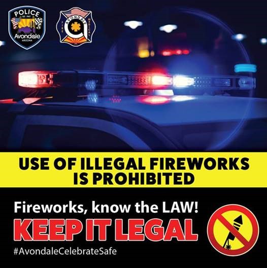 🚫Important Reminder! 🚫
The use of illegal fireworks is prohibited!

❌If you are found in violation you are subject to a criminal citation and a fine of $1,000 for each violation.

We want everyone to celebrate safely this Fourth of July. #AvondaleCelebrateSafe