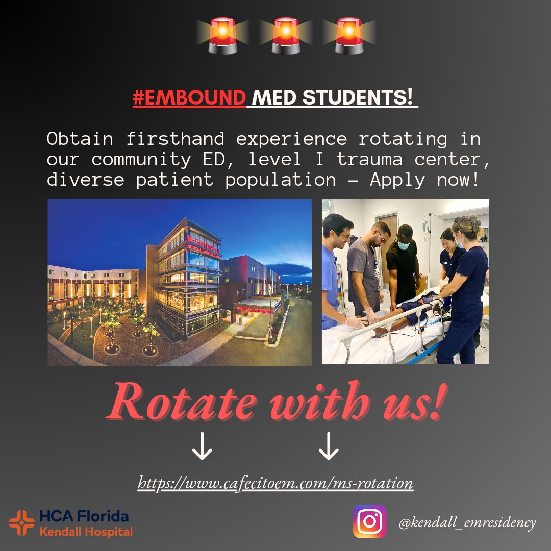 ATTN: #EMbound medical students!! Looking for an opportunity to rotate in Miami? We can't wait to welcome you to our home Come rotate with us!
#emergencymedicine #residency