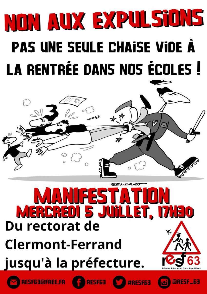 Resf63's tweet photo. Après de nombreuses mobilisations dans les écoles pour exiger la régularisation de nos élèves et de leurs familles, le @Resf63  appelle à une manifestation  départementale le 5 juillet à 17h30 à #clermontferrand , du  rectorat à la Préfecture.

Pas une chaise vide à la rentrée ! https://t.co/SEGnS4hMqr