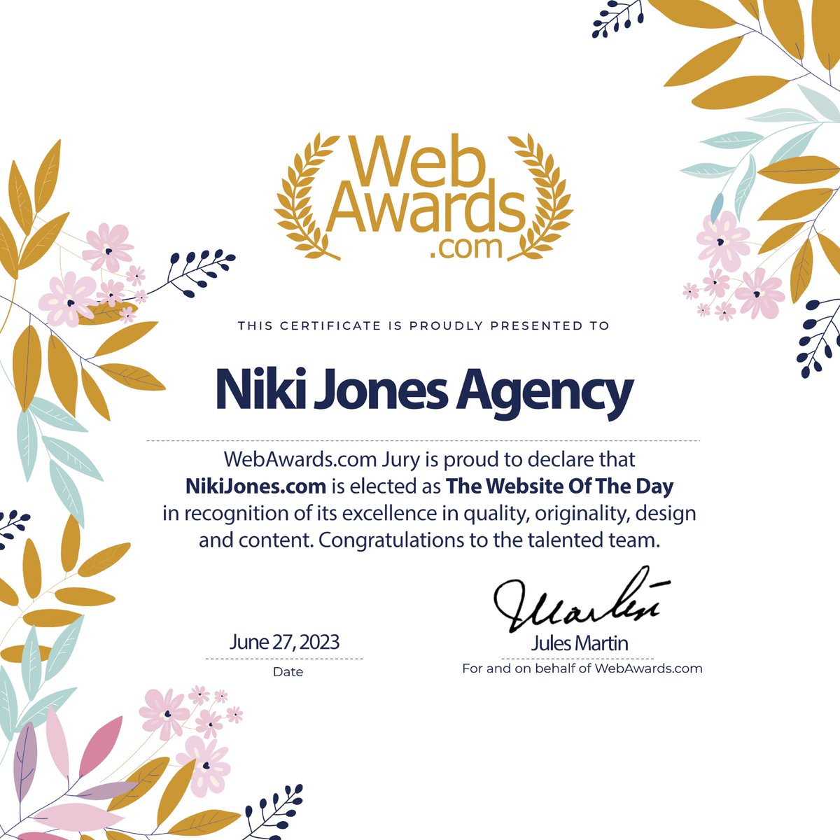 nikijonesagency's tweet image. We thank WebAwards.com for awarding us The Website Of The Day certificate! We are committed to bringing the highest quality of service to our clients. Thank you for recognizing our hard work and dedication! webawards.com/winners/nikijo… #webawards #websiteoftheday #agencylife